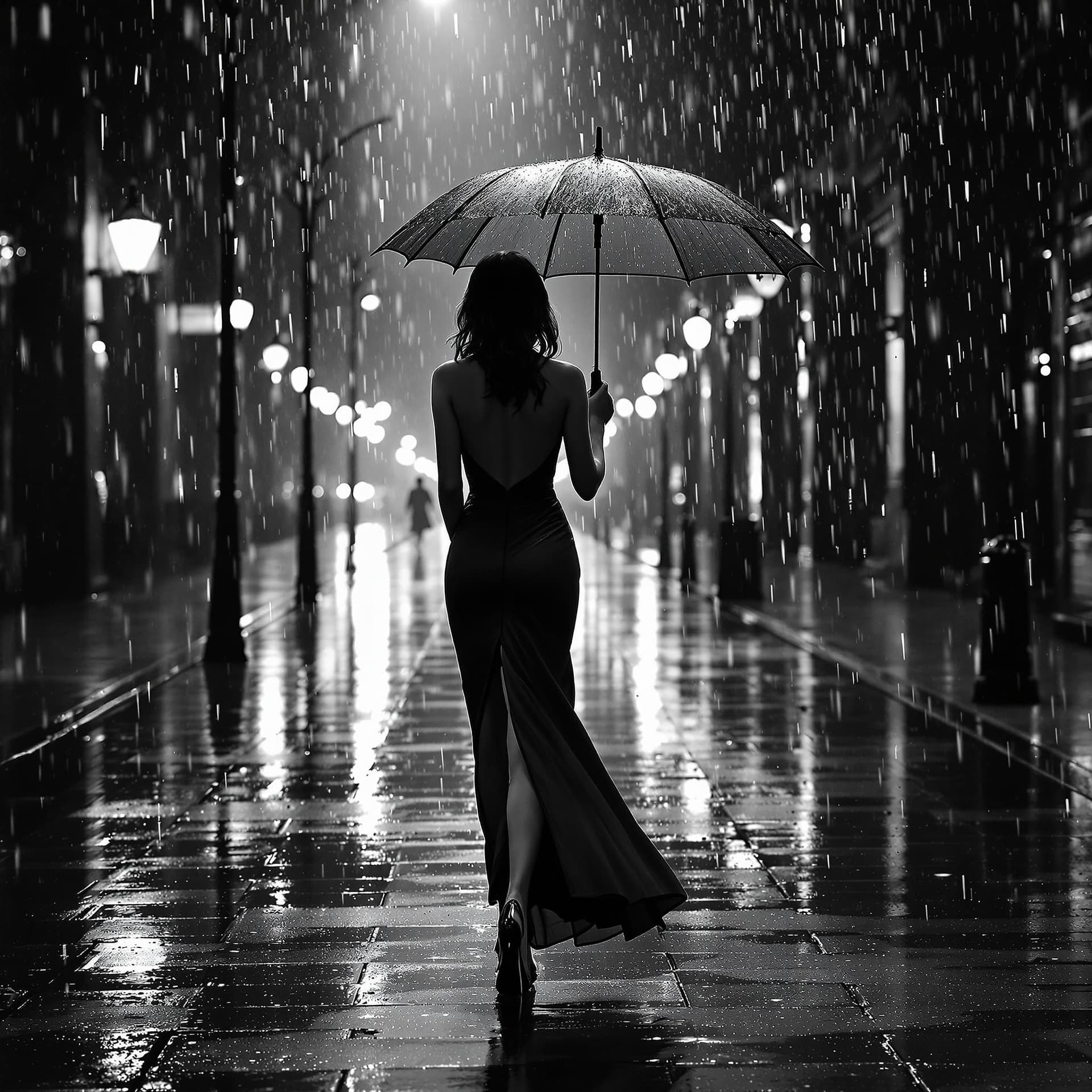 AI generated: black and white, photorealistic image of a woman walking down a rainy street, holding a stylish umbr...