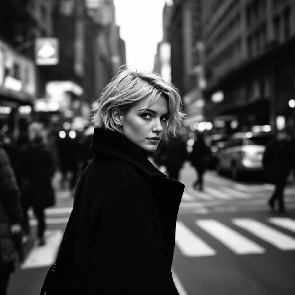 AI generated: Black and white street photography of a women, blonde short 
hair and is wearing a black coat, cross...