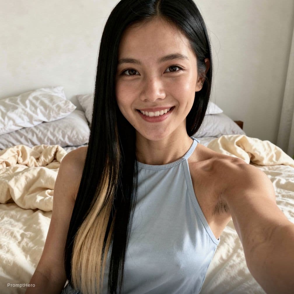 AI generated: {
  "prompt": "A hyper-realistic half-body front-camera selfie of a beautiful Thai woman with long, ...