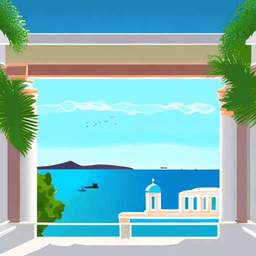 AI generated: Looking out on turquoise sea from a traditional Greek house, vector graphics image