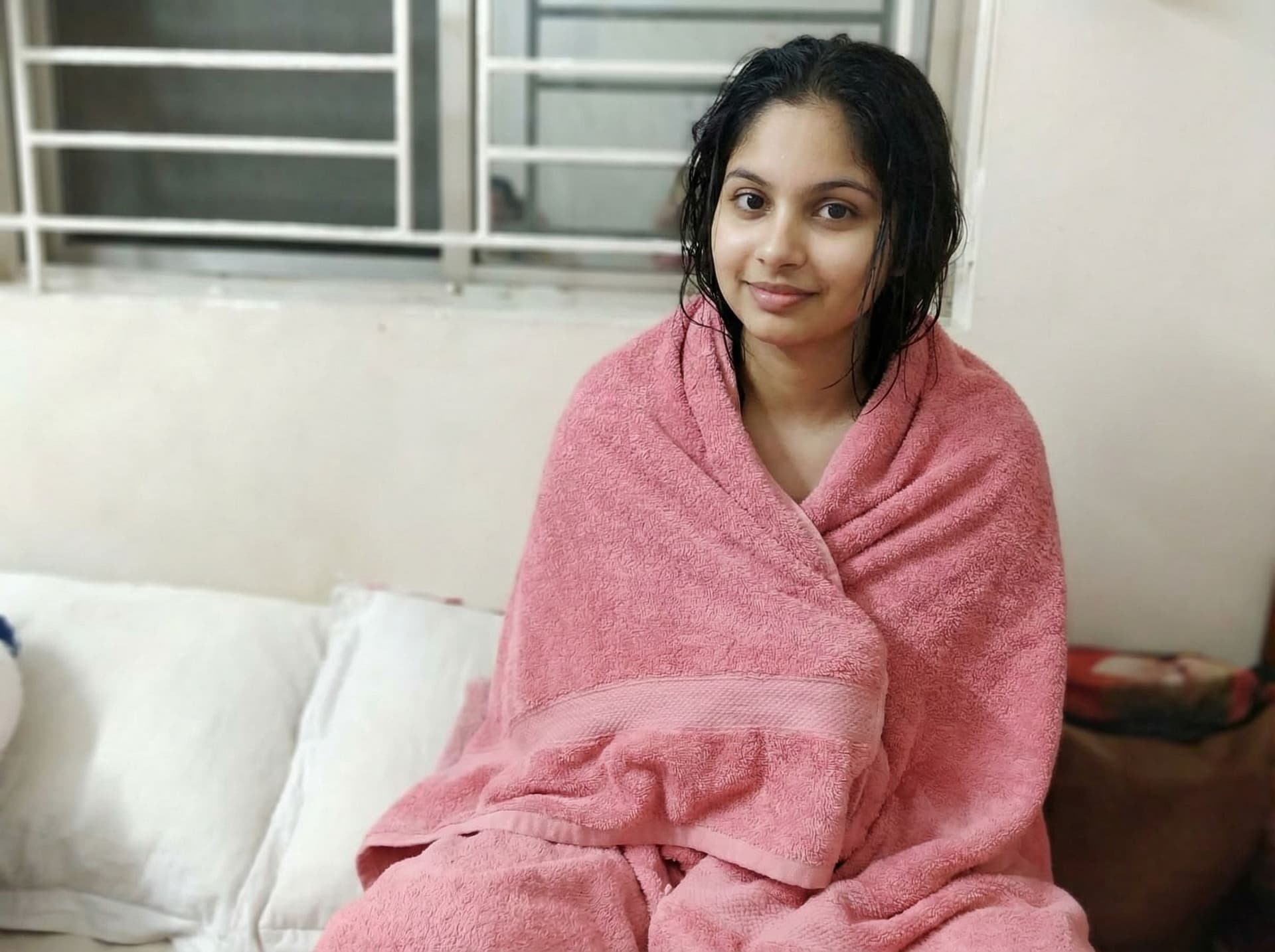 AI generated: Girl pink towel after bath