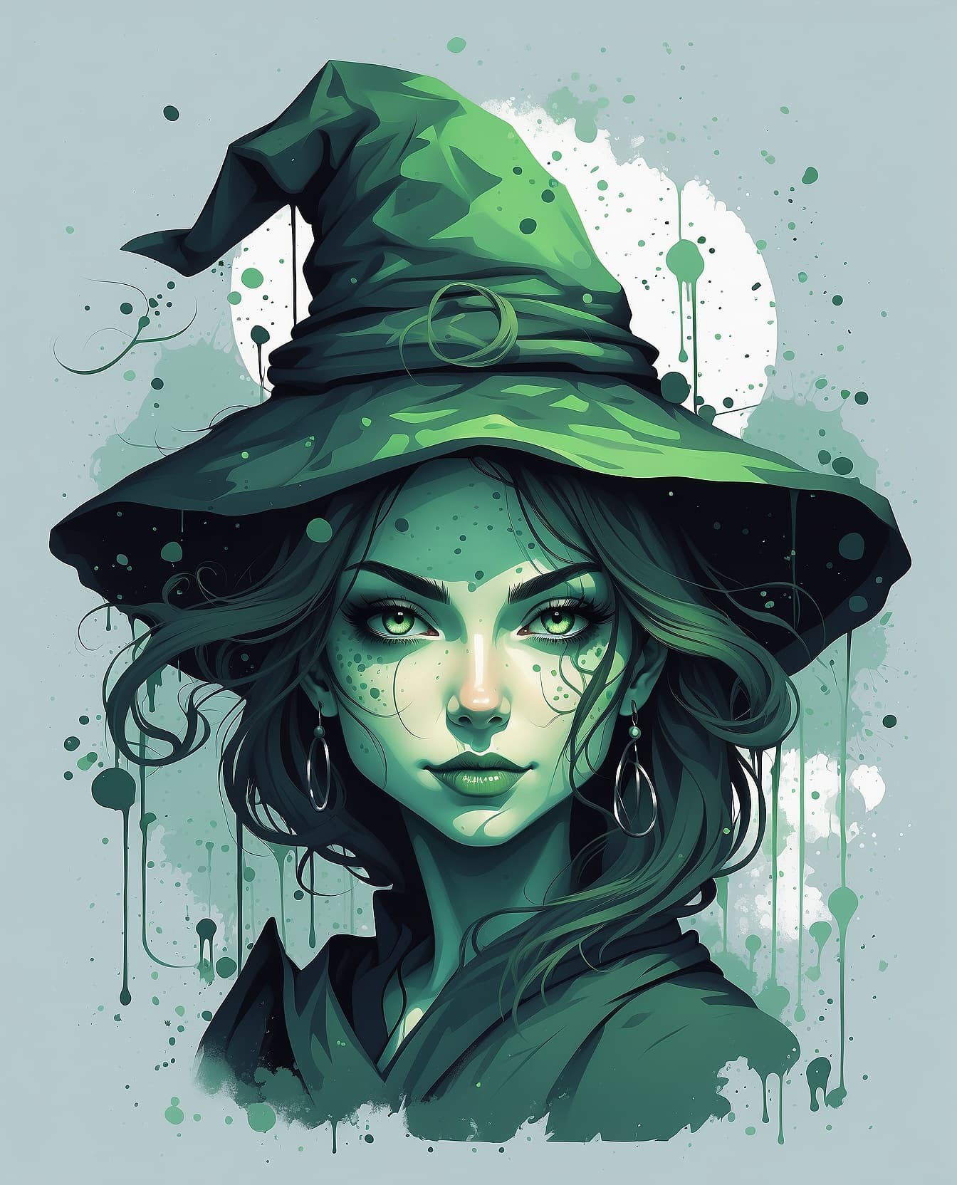 AI generated: 98.	A detailed illustration face evil witch ,magic, t-shirt design, yellow and black , dark magic sp...