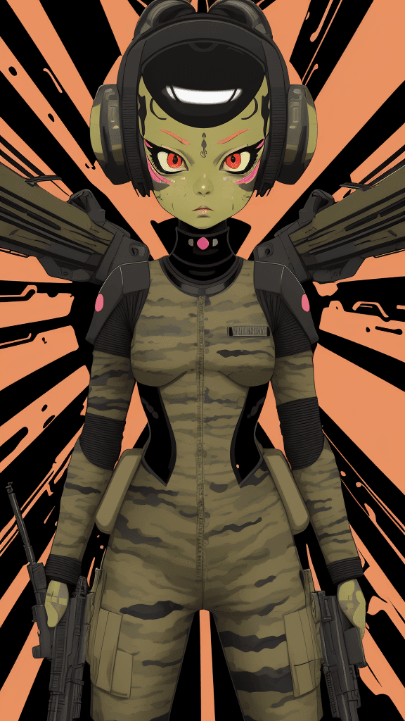 AI generated: in a army funky background portrait of little (alien woman)1.1, wearing (army attire):1. 1, with a (...