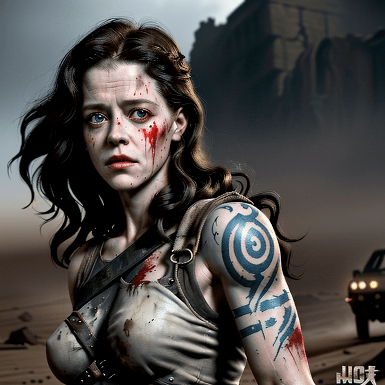 AI generated: portrait of young Sigourney Weaver as a mad max post apocalyptic female cyberpunk warrior, norse myt...