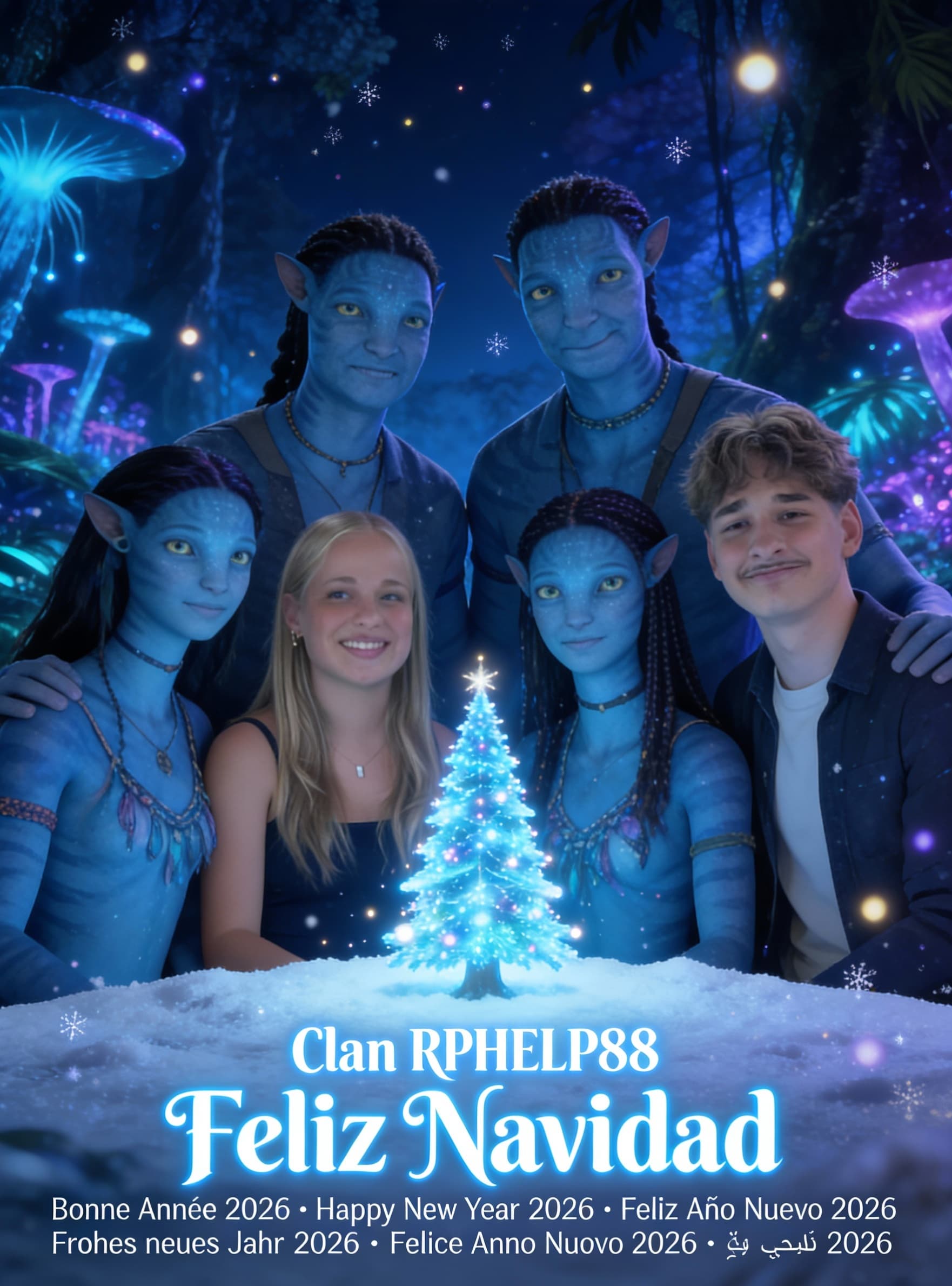 AI generated: STRICT RULE: Generate exactly SIX characters only.

Epic Christmas scene inspired by Avatar, cinemat...