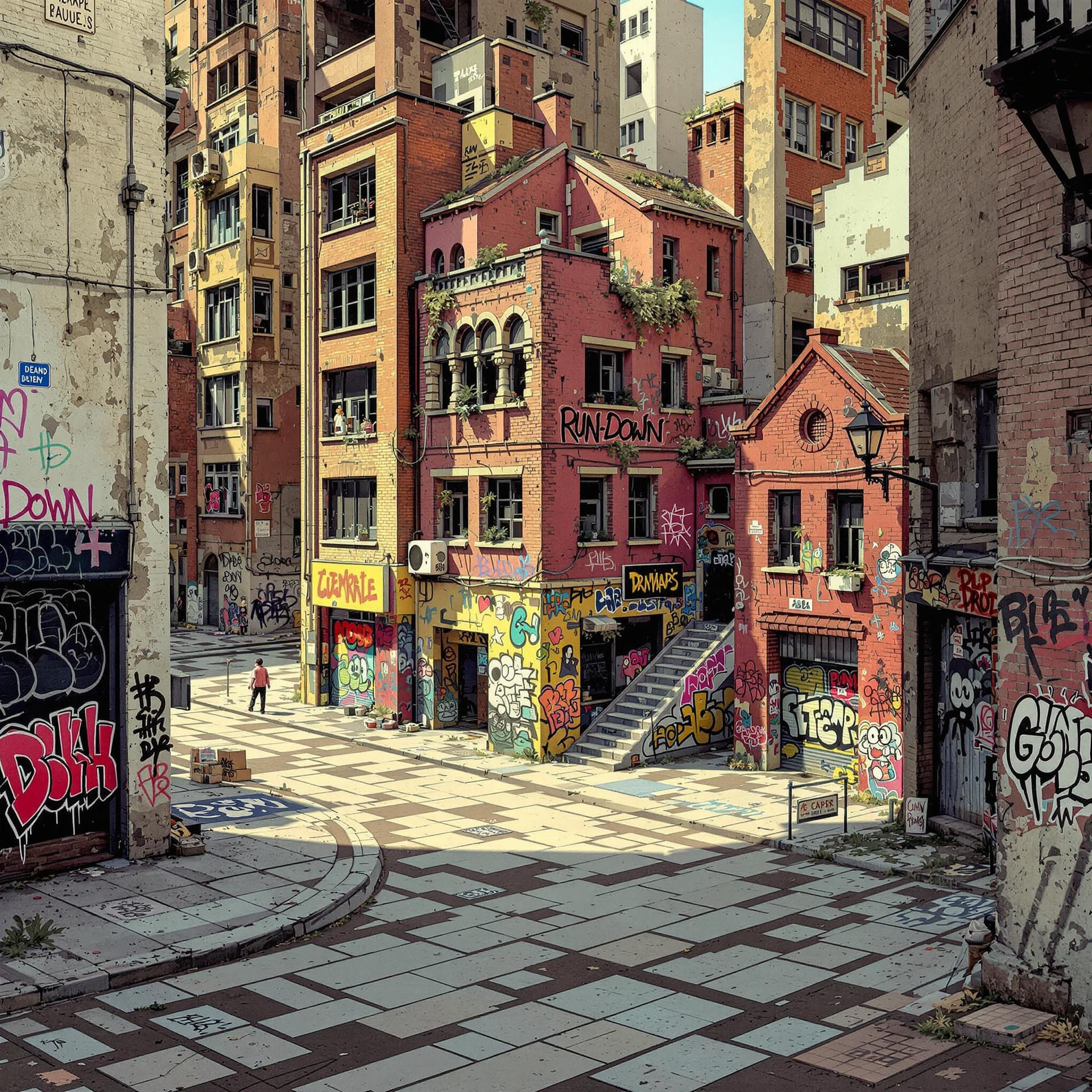 AI generated: 3d illustration hip hop urban RUN DOWN abandoned 
buildings and with a little graffiti walls