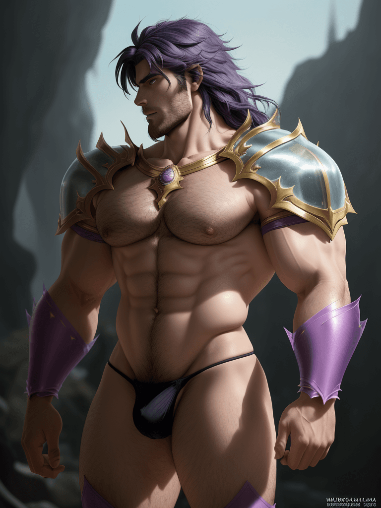 AI generated: profile view, Shura from Knights of the Zodiac, hairy caucasian complexion, muscular, athletic and b...