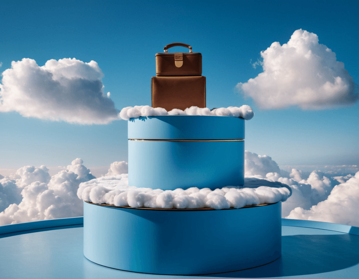 AI generated: Product photography, beautiful blue podium for product, super detalised and fashion, with puffy clou...