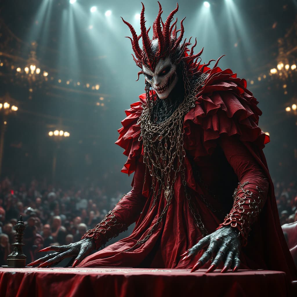 AI generated: photorealistic horrific monster. Elle porte un headpiece de chaines structuré rouge avec motifs de s...