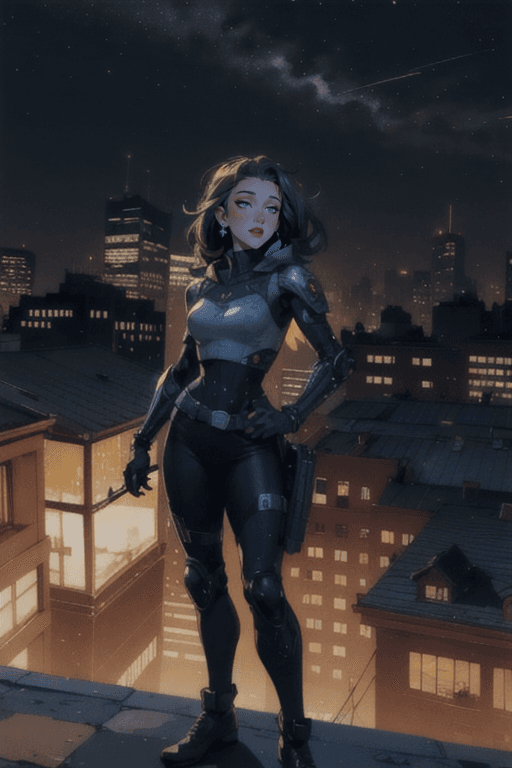 AI generated: Queen, 19yo, metallic cyberpunk outfit gadgets, rooftop at night, high-tech urban environment, mediu...