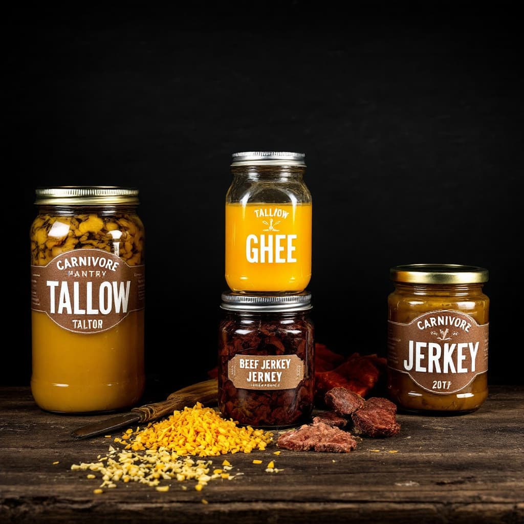 AI generated: Darker Photography of Carnivore Pantry with jars of tallow, Ghee, Beef Jerkey
