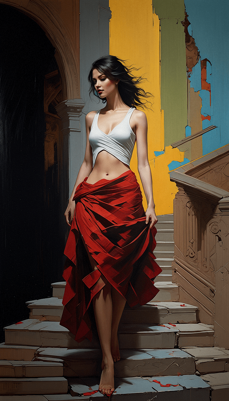 AI generated: A digital painting of a woman with long, dark flowing hair, descending an ornate staircase. She shou...