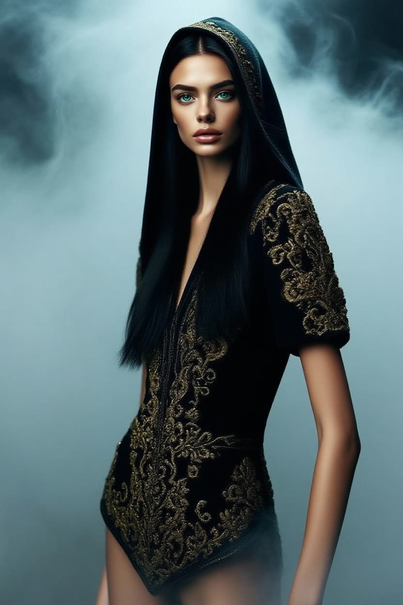 AI generated: "Epic, modern, future-themed, high resolution full-body portrait photograph depicting a slender supe...