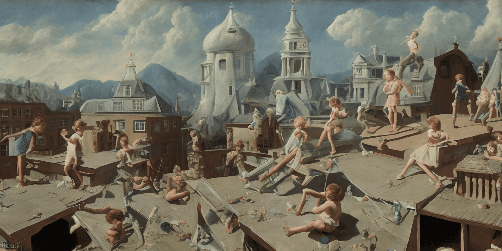AI generated: children playing on rooftop, neo rauch, painting with incomparable reality, intricate details