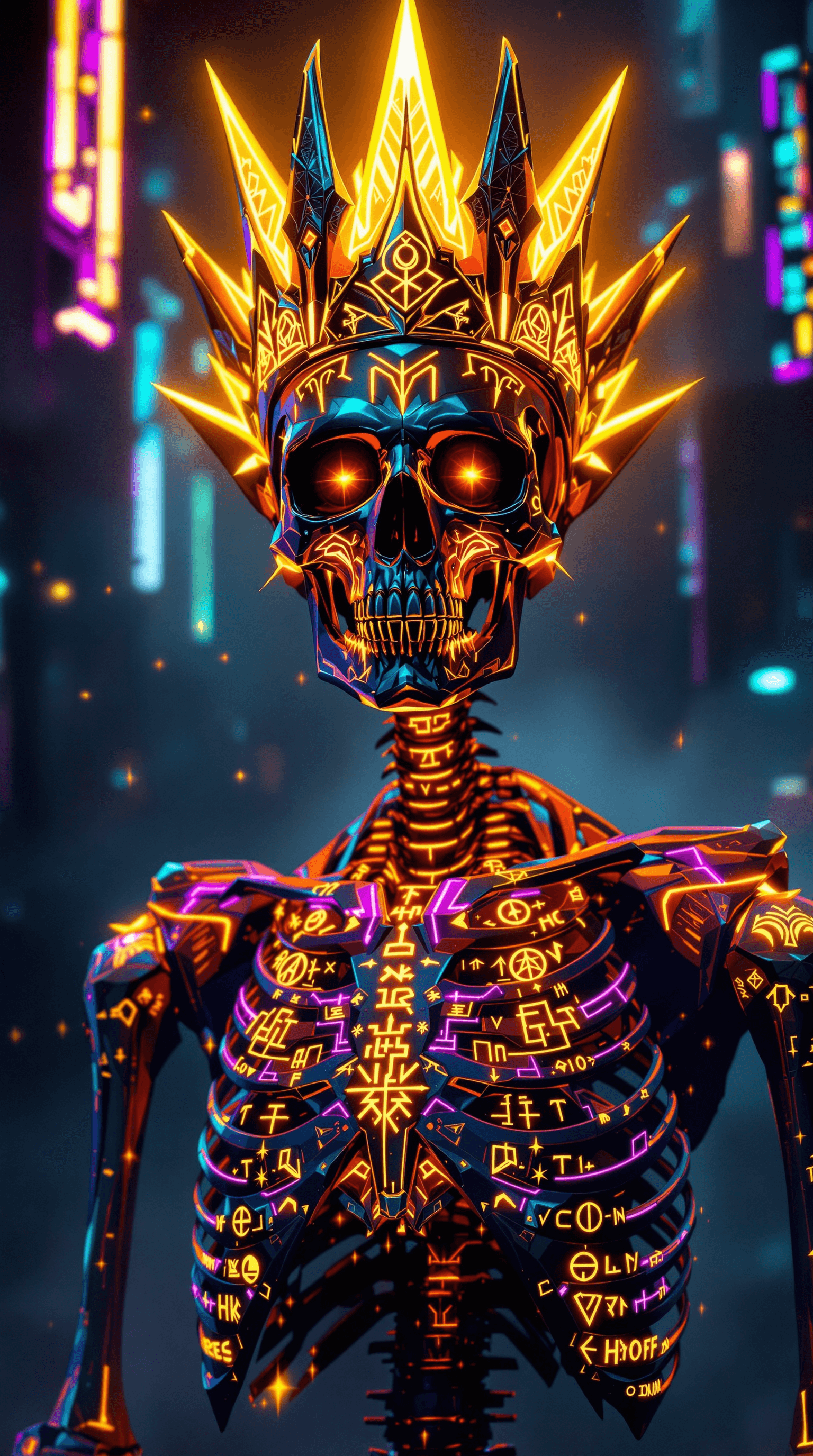 AI generated: a hauntingly beautiful full-body illustration of a skeleton adorned with a jagged, reflective, and r...