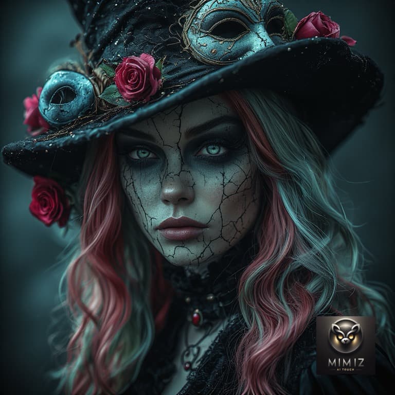 AI generated: Perchance
Dark gothic witch portrait with cracked porcelain-like skin, vivid multicolored hair, tall...
