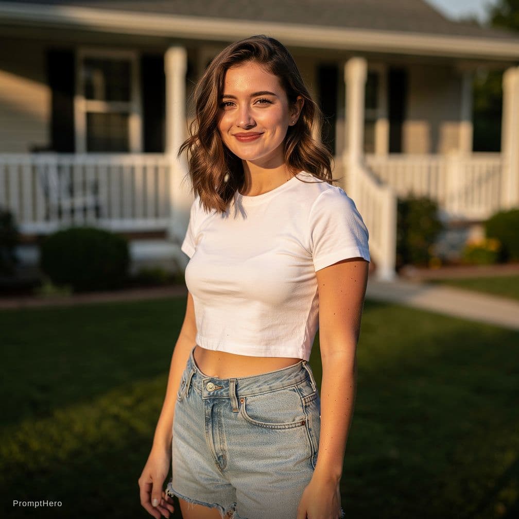 AI generated: Girl next door look,  16, crop top and shorts
