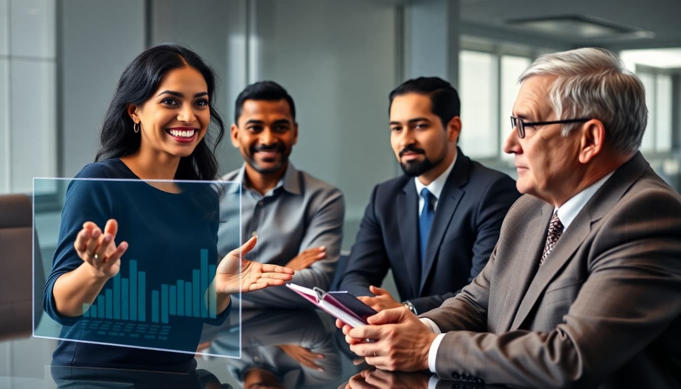 AI generated: /imagine prompt: Diverse team in modern boardroom, 35-year-old Indian woman (natural smile with 8 te...