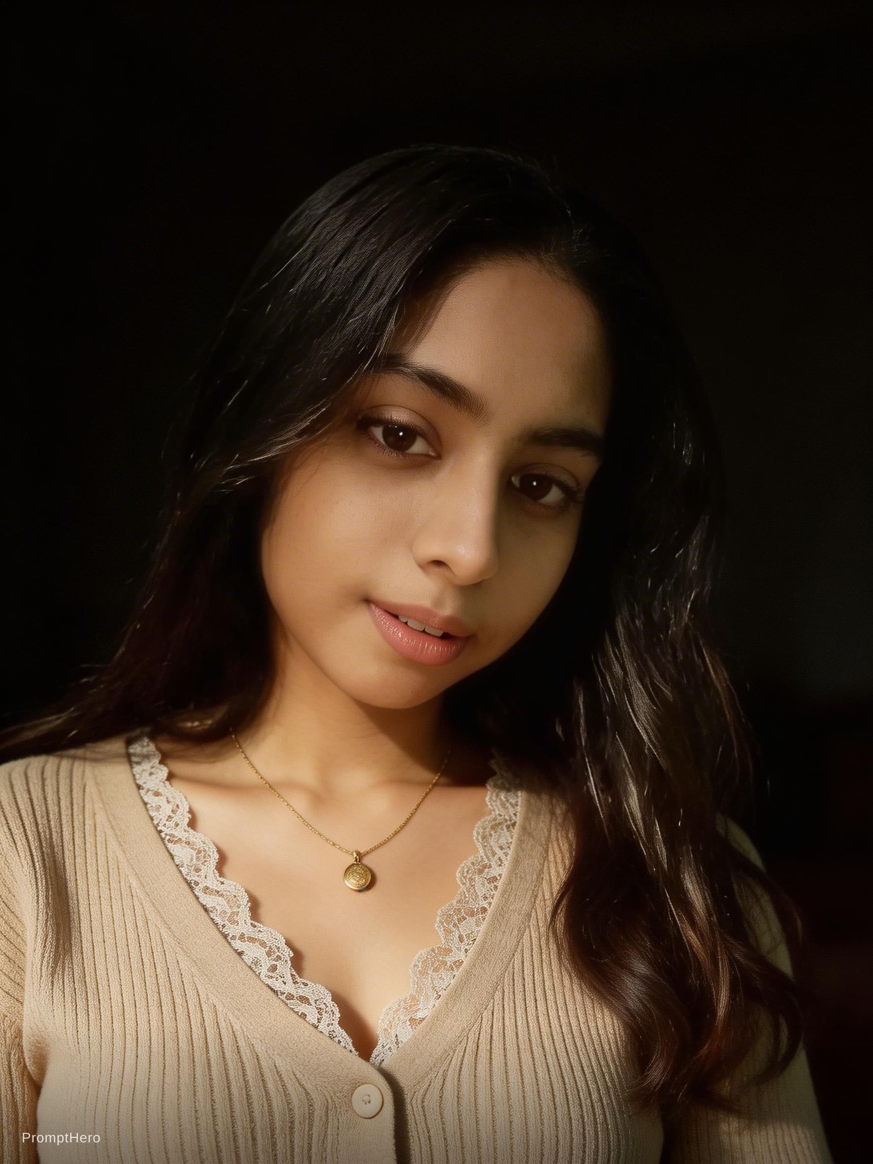 AI generated: A photorealistic close-up portrait of an adult woman in a dimly lit, moody studio setting, captured ...