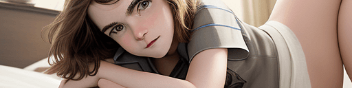 AI generated:  emma watson sitting on a bed, girl with dark brown hair, beautiful midriff, teenage girl, moon ryas...