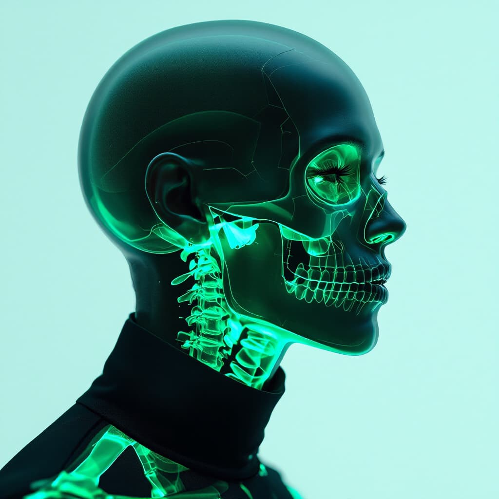 AI generated: ethereal portrait of a man, transparent skin revealing her skull, glowing with a neon-green bio-lumi...