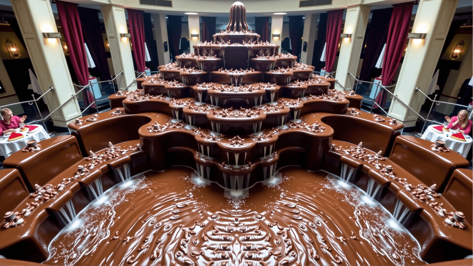 AI generated: Eternal Pudding Fountain: A magnificent, perpetually overflowing fountain made entirely of chocolate...