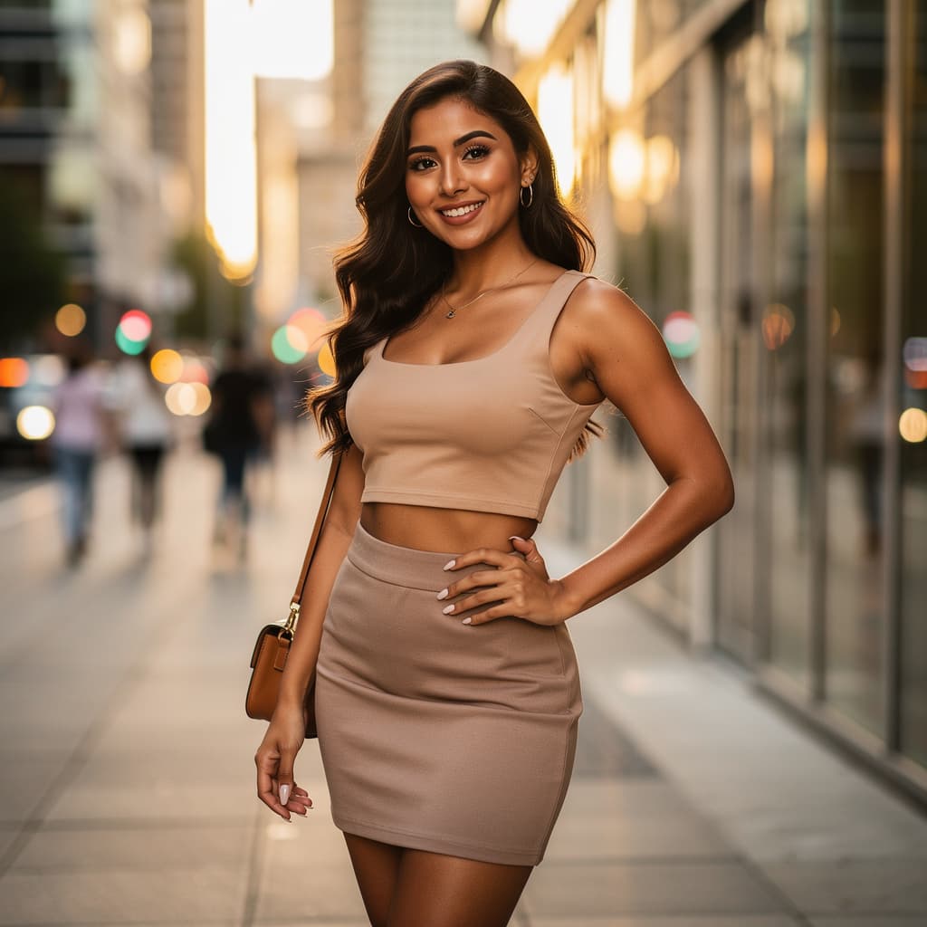 AI generated: A sexy Latina girl in the city wearing a sexy crop top and a cute skirt, has a seductive smile and a...