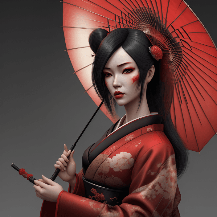 AI generated: a geisha wearing traditional and holding an umbrella, in the style of daz3d, surreal cyberpunk icono...
