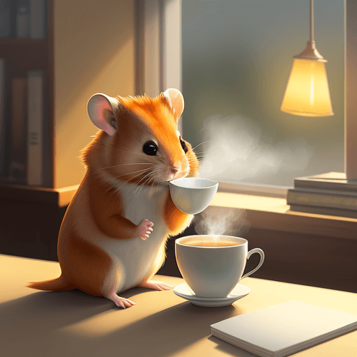 AI generated: ginger hamster sitting at a desk, drinking from a large steaming cup of tea.
Warm lighting, calm moo...