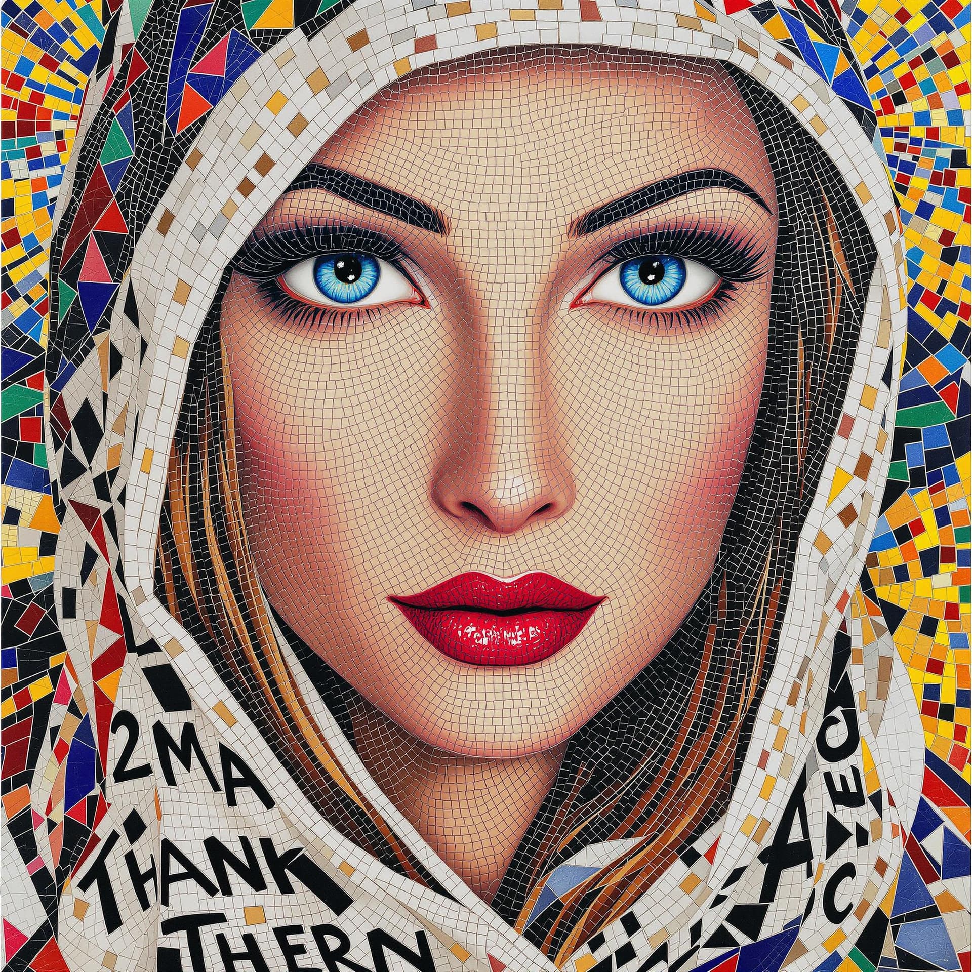 AI generated: A detailed mosaic portrait of a woman with large blue eyes, thick eyebrows, and red lips. Her face i...