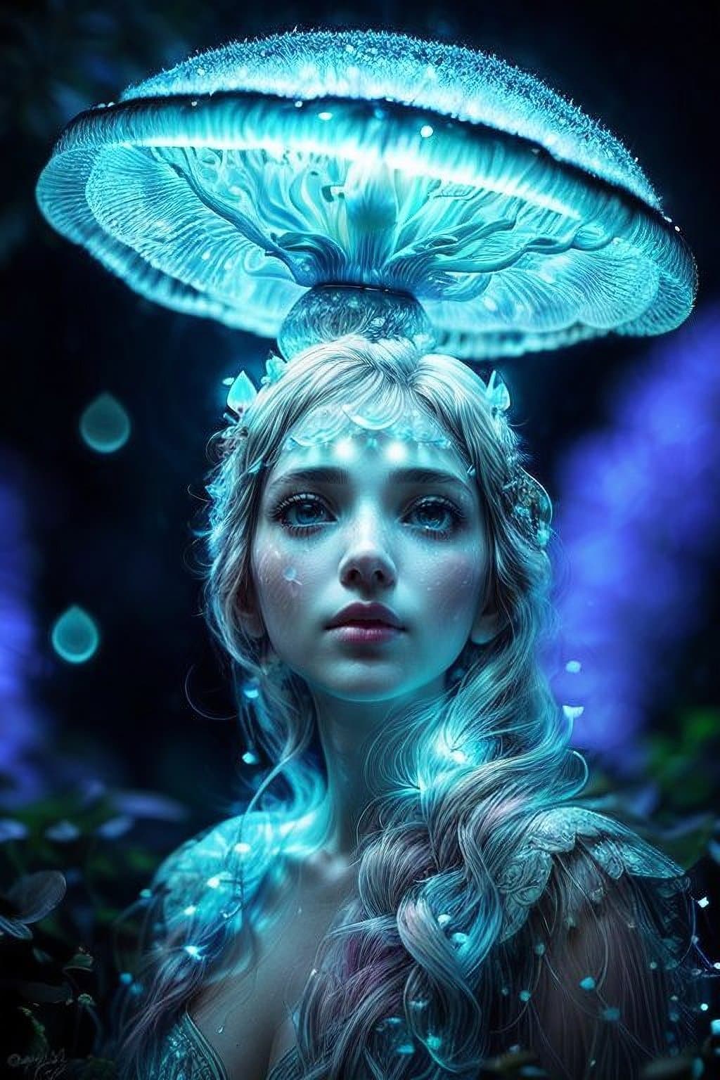 AI generated: Portrait close up photo of an bioluminescent lifeform princess based on Elsa jellyfish with fungus a...