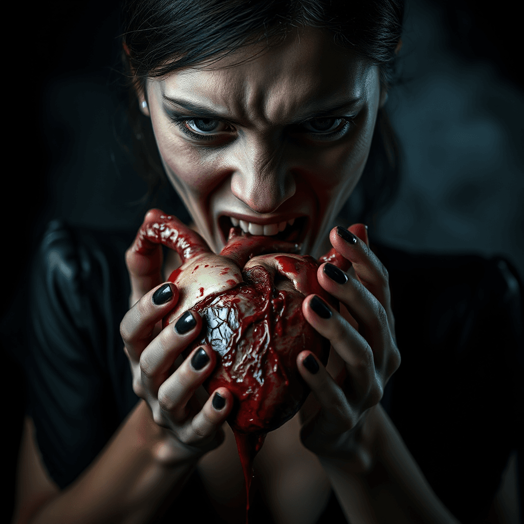 AI generated: A dramatic, highly detailed portrait of a woman biting a freshly removed, anatomically accurate huma...