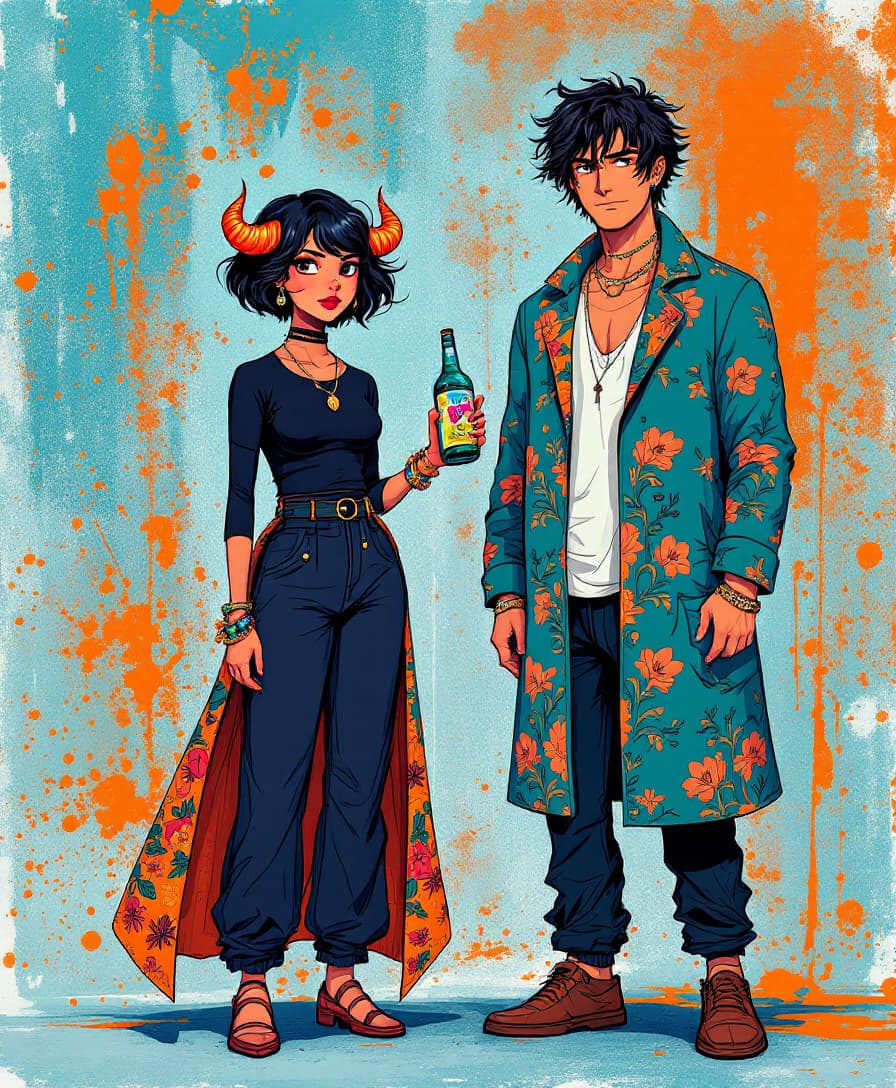 AI generated: Image is a digital illustration featuring two stylized characters with a vibrant and artistic design...