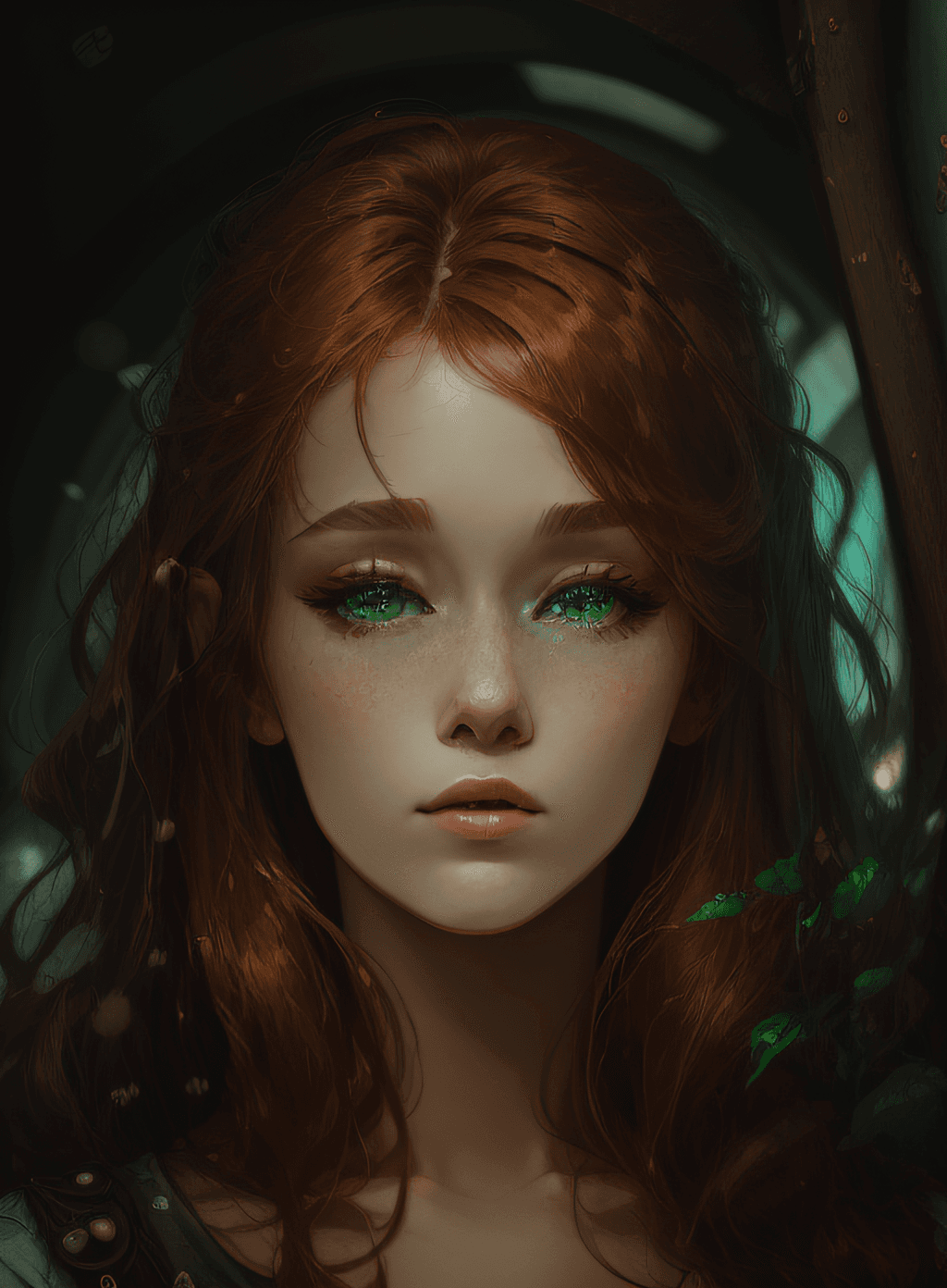 AI generated: redhead haired woman with green eyes looking out a window, a character portrait inspired by Johannes...