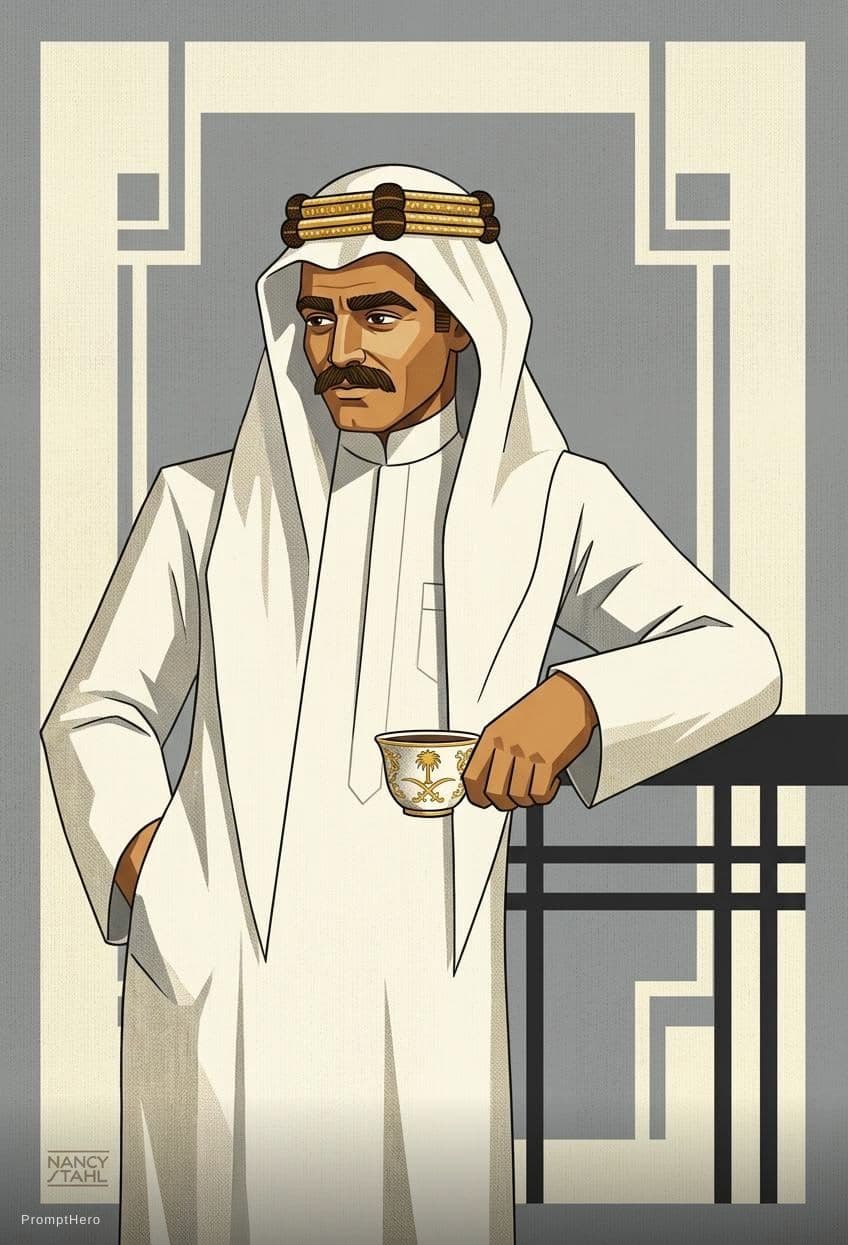 AI generated: رجل سعودي يمسك فنجال عليه سيفين ونخلة وثوب ابيض وشماغ وعقال مقصب وشنب كثيف وحواجب  كثيفة وبشرة حنطية...