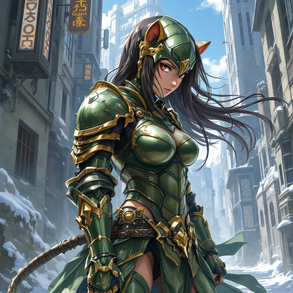 AI generated: brutal muscular poor rat warrior hide on city , metallic green bronze armor, vector aesthetics ,It's...