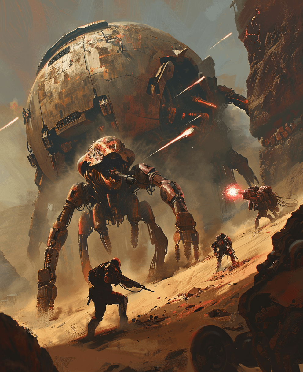 AI generated: A group of soldiers in the desert, fighting giant alien creatures on top of an ancient robot sphere ...