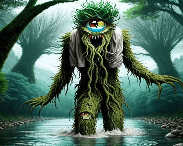 AI generated: living tree monster. 8 eye. runing in a river.