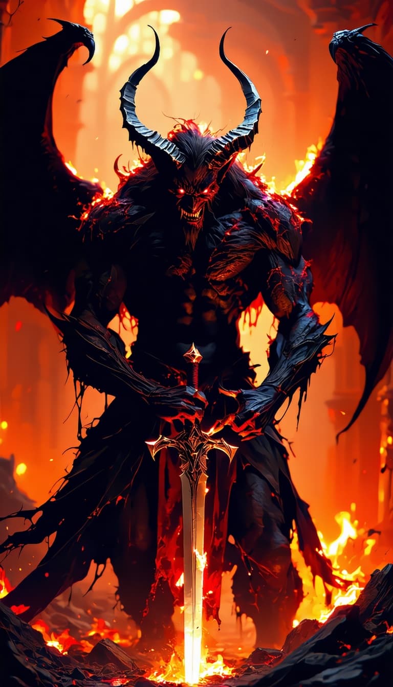 AI generated: erotic demon,very angry ,glowing eyes,with a sword,in hell,wings