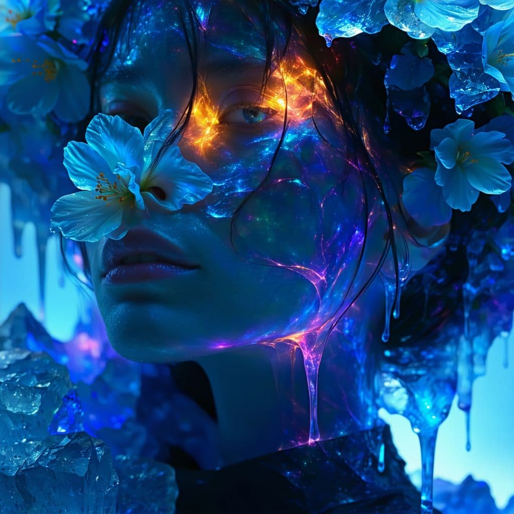 AI generated: a single woman with sewing machine made of Fire, flowers  and melting ice in space, narrow nose, neo...