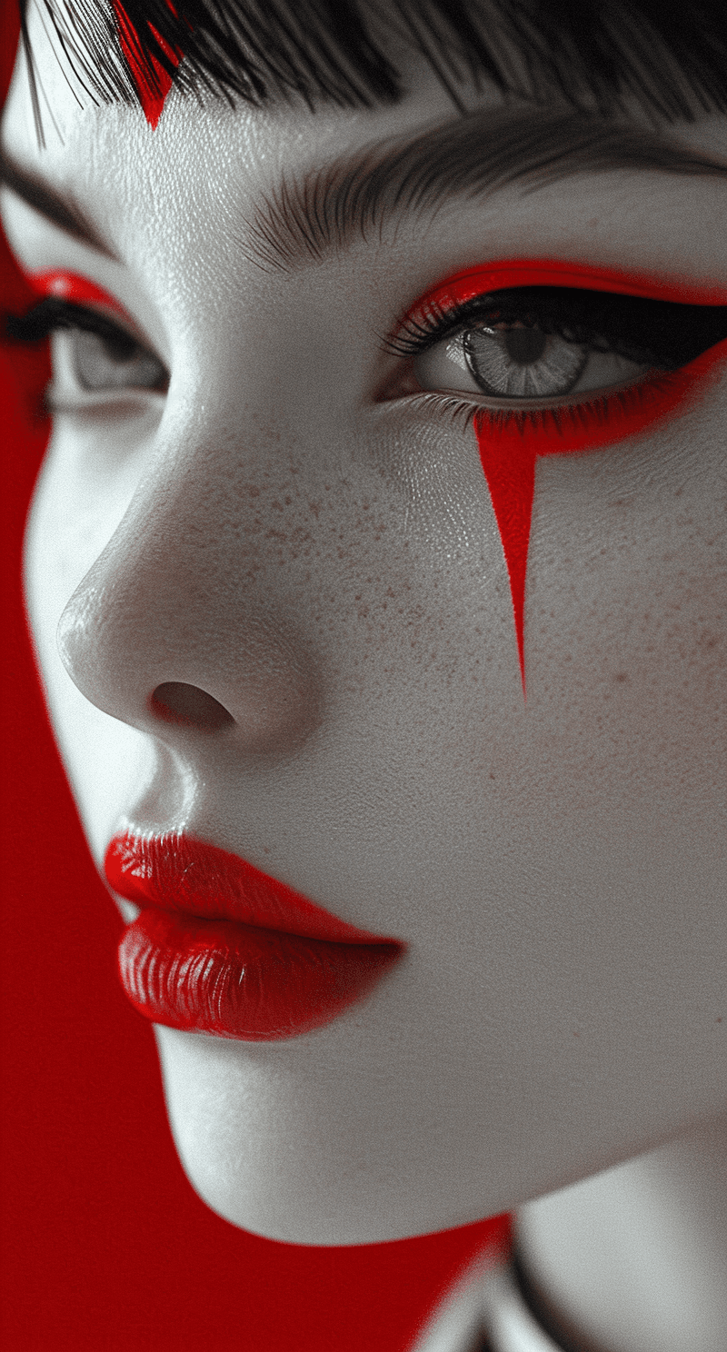 AI generated: a woman with red eye makeup, in the style of japonism influenced pieces, daz3d, black and white mast...
