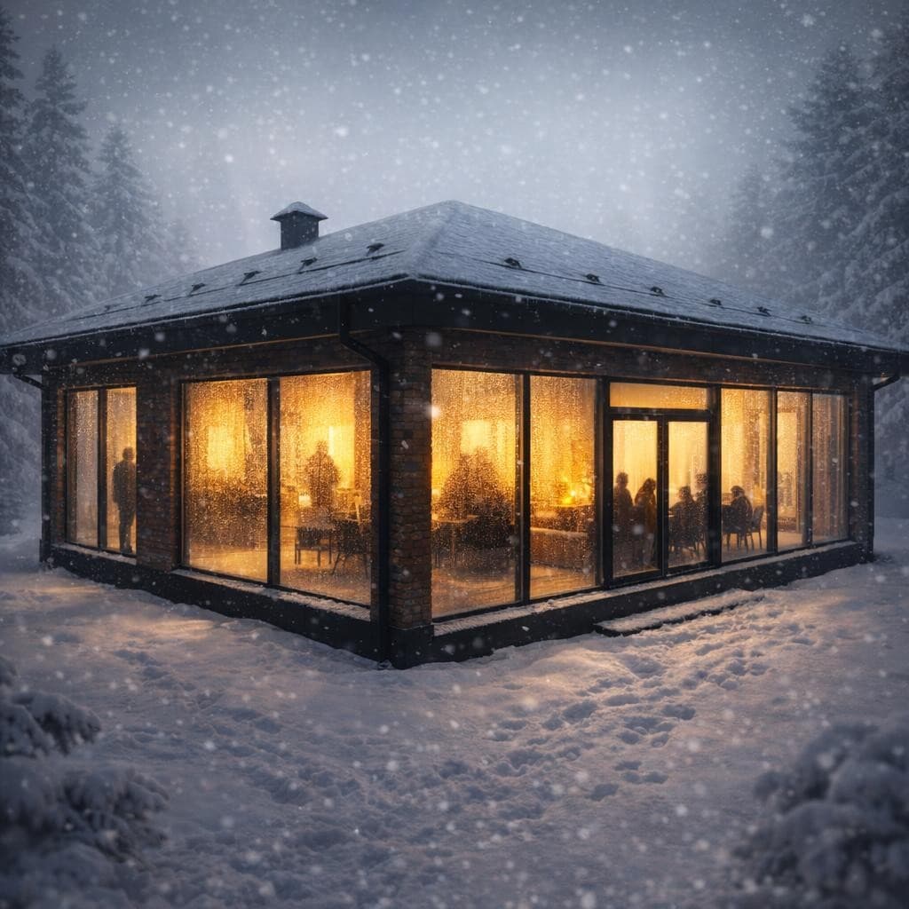 AI generated: architectural photography, panoramic view,, snowy night scene, used camera is Canon EOS R5, f/2.8, l...