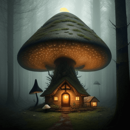 AI generated: Oscar winning detailed photography, cinematic scene, gloomy forest and small cottage houses, with a ...