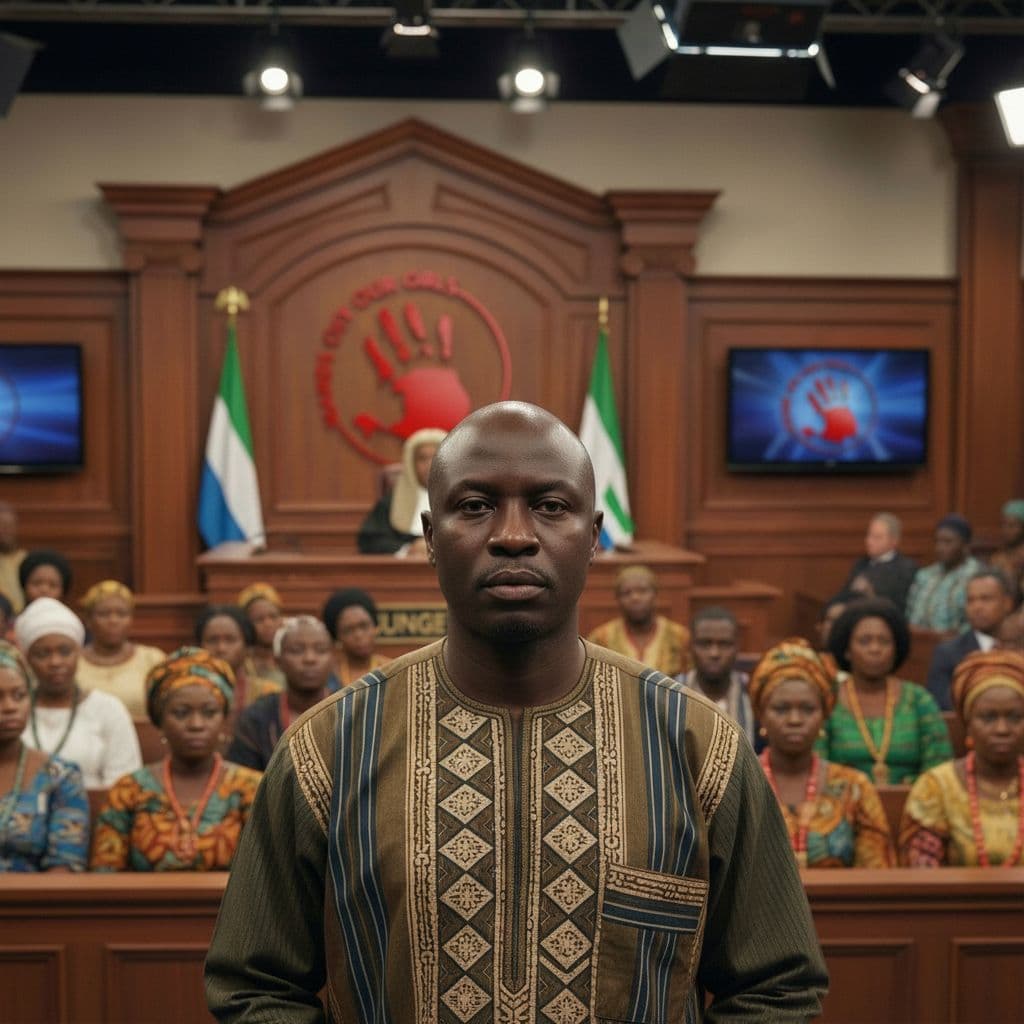 AI generated: generate a close up portraiture image from the front of the defendant with the audience behind him 