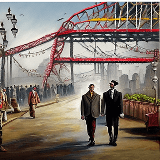 AI generated: A realistic Painting of Sherlock Holmes and Oppenheimer walking together in Howrah Bridge
