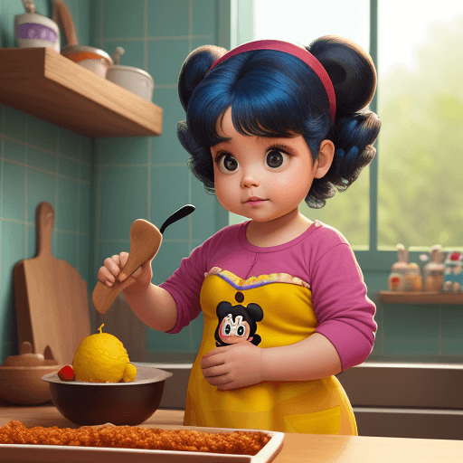 AI generated: Disney Pixar Bebé gorda y chiquita de cabello corto cocinando