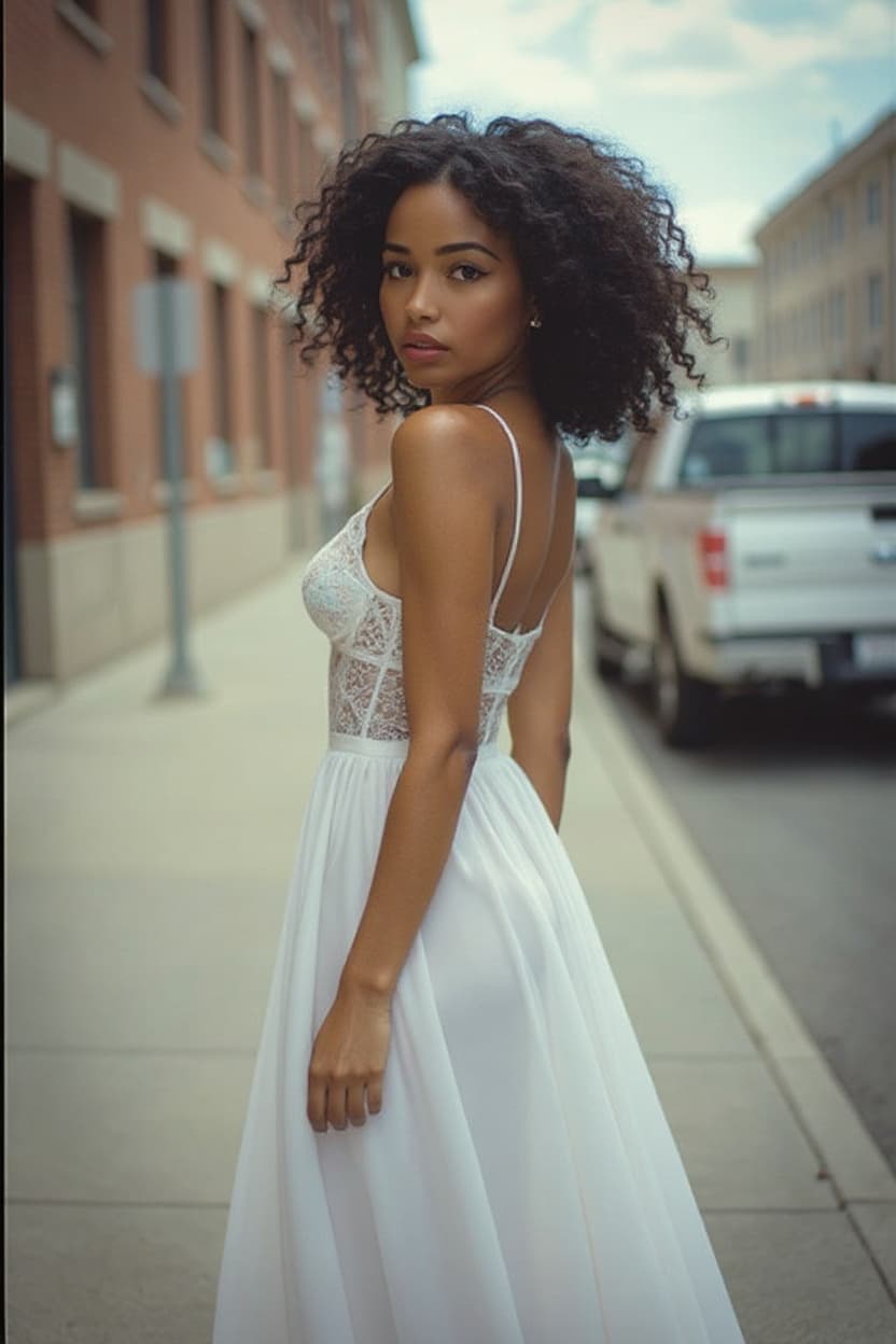 AI generated: A young, extremely attractive caramrl skin black woman with long, dark, waist long hair is standing ...