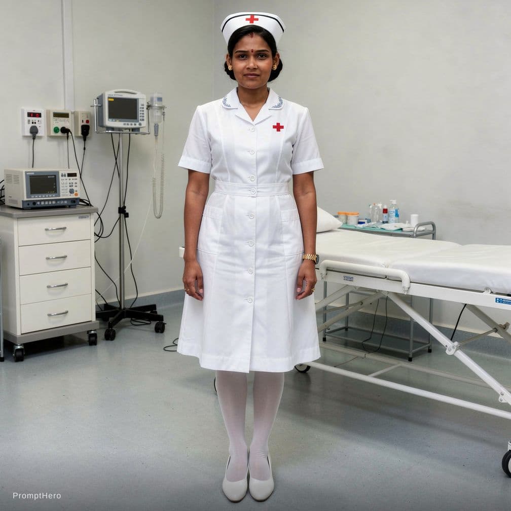 AI generated: A playful yet provocative scene of a curvy nurse with an hourglass figure and soft athletic thighs, ...