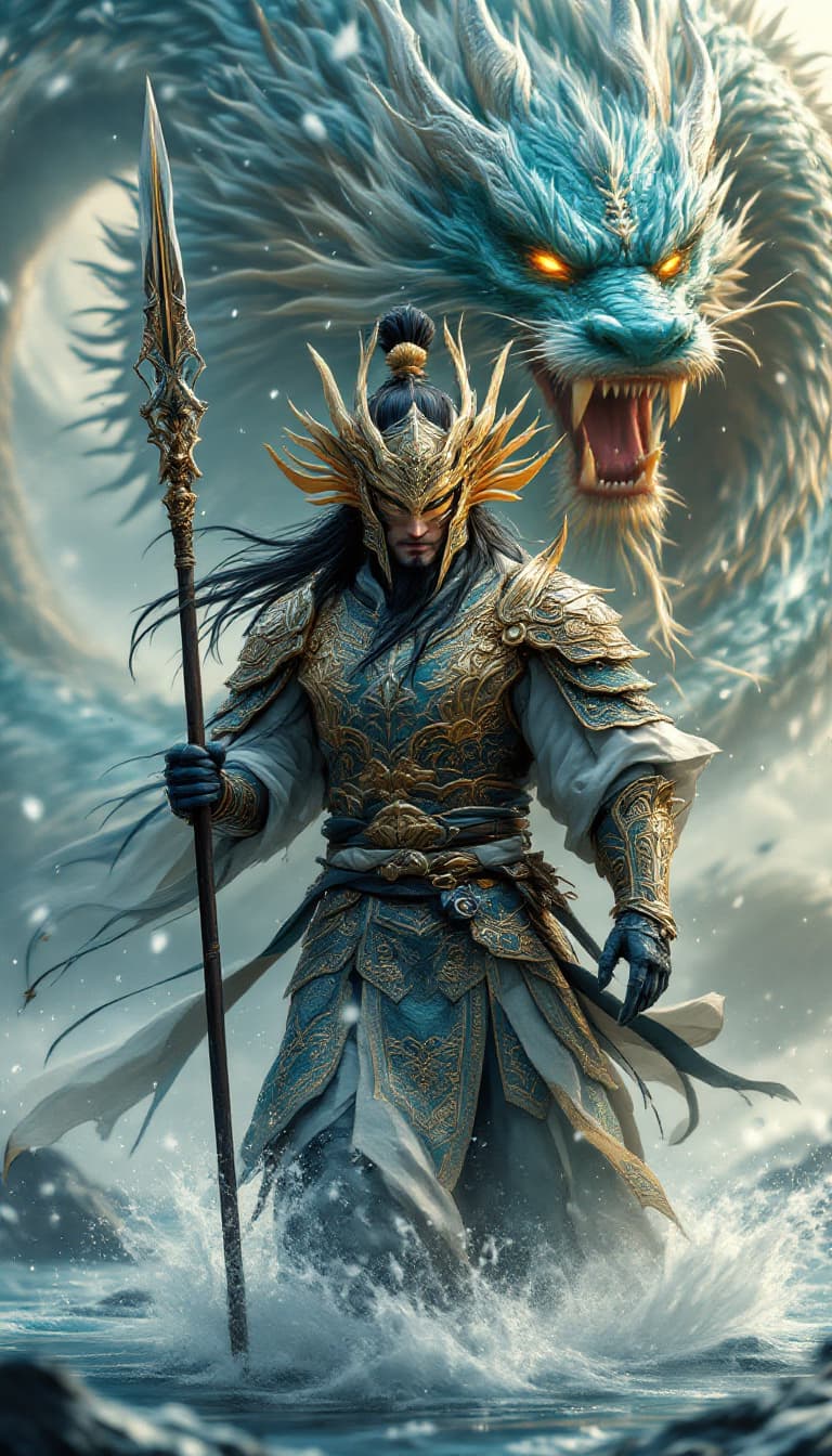 AI generated: An ultra-realistic, zoomed out full-body portrait of a formidable warrior holding a spear in his han...
