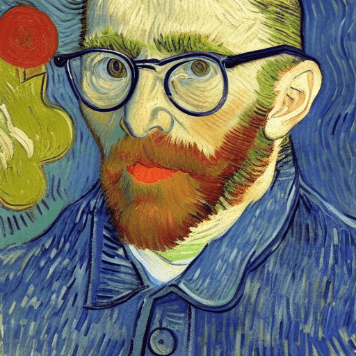 AI generated: [van gogh | matisse] three-quarter portrait of himself of a happy, smiling bald older man with a cou...